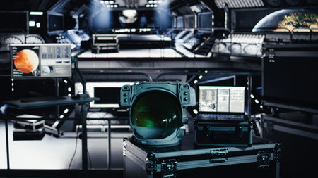 Cosmonaut equipment next to laptop in starship running telemetry software during cosmic flight. Astronaut helmet and notebook in spaceship tracking star and asteroids patternsの写真素材