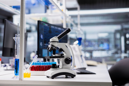 Close up of scientific microscope in medical laboratory ready to be used for cellular analysis....