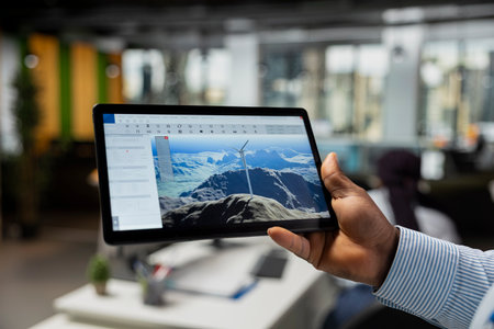 Close up of CAD engineer using tablet app in office to upgrade turbine, boosting power output, reducing carbon footprint. Worker using digital device to review windmill data to optimize clean energyの写真素材