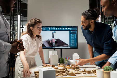 Real estate professionals evaluating property layout for site preparation, urban development and...