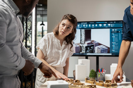 Real estate contractors team creating a modern smart city layout with 3D models architectural...