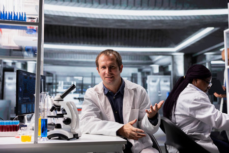 POV of researcher attending video conference from laboratory workspace, scientist explains...