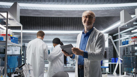 Portrait of professional scientist analyzing samples in modern laboratory, medical discovery process involves biotechnology research and molecular science. Healthcare data innovation.の写真素材