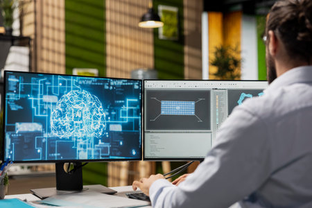 Technician in office working for renewable energy company using artificial intelligence to develop...
