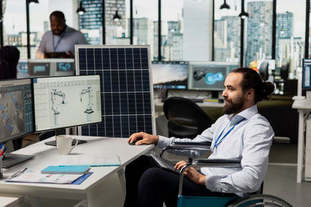 Engineer with disability in inclusive office designs solar panel cells with reduced carbon footprint. Person with paraplegia in wheelchair develops robotic arm systems for solar panel productionの写真素材