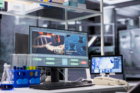 PC in lab with software interface showing genetic markers associated with disease risk. Computer in...
