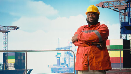 Portrait of happy drilling barge engineer using walkie talkie enabling quick responses coordination required. Cheerful man on oil platform deck listening to reports through radio transceiver,の写真素材
