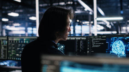 Programmer in data center coding with generative AI assistance. IT professional leveraging artificial intelligence large language model to solve tasks in server room, camera Aの写真素材