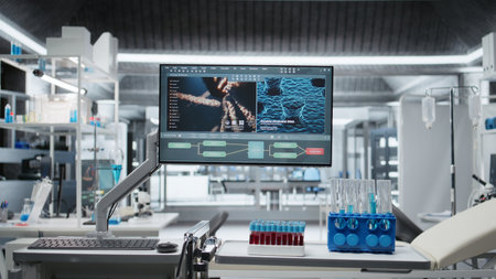 Quiet research lab prepared for new clinical study featuring empty workstations, microscopes and molecular models representing progress in pharmacology and DNA research. RD strategy.の写真素材