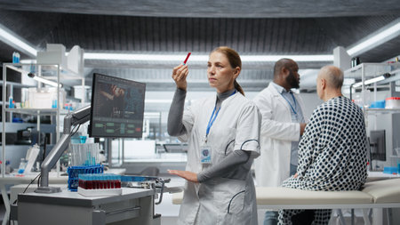 Female doctor checks blood samples from patient during clinical trial, monitoring vitals, dosage...