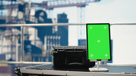 Vertical green screen tablet on offshore platform with software used to monitor equipment. Chroma...