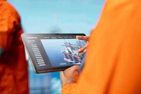 Close up of offshore platform specialist tracking oil production efficiency using tablet app....