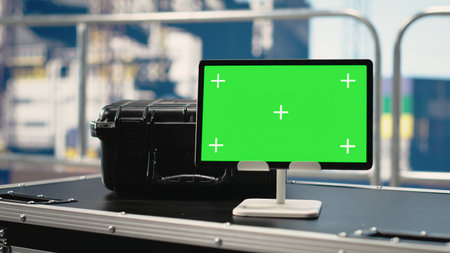 Chroma key laptop and mockup laptop on offshore platform used to configure boat management systems...