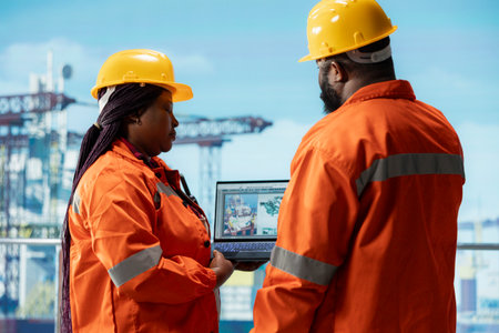 Drilling rig technicians brainstorming, using laptop software dashboard for anomaly detection during...