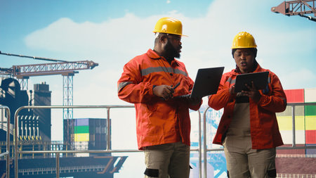 Drilling rig technicians tracking oil production efficiency, coordinating checkup operations....