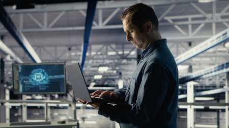 Data center admin on industrial platform checks AI dashboard using laptop. Man in server farm tests...