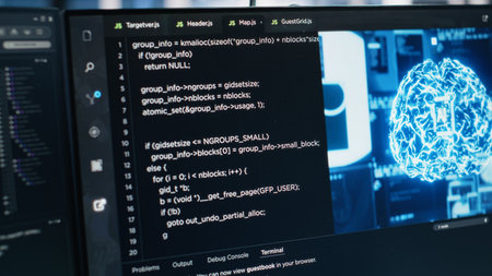 Data center PC screens monitoring backend hardware performance used in AI LLM model development and automation workloads. Workstation monitors overseeing server rigs equipmentの写真素材
