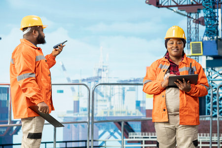 Portrait of smiling technician coordinating operation logistics. Happy barge professional documenting safety inspections and hazard reportsの写真素材