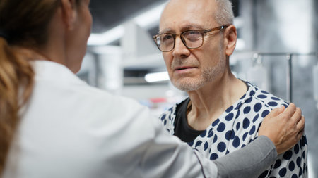 Female researcher encouraging her old patient with illness in laboratory, making progress in healthcare innovation. Reassuring and consoling for a man agreeing to clinical trial. Camera B.の写真素材