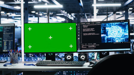 Green screen computers in data center supporting AI training workflows and automation of equipment systems. Chroma key PCs in server hub tracking hardware processing machine learning datasetsの写真素材