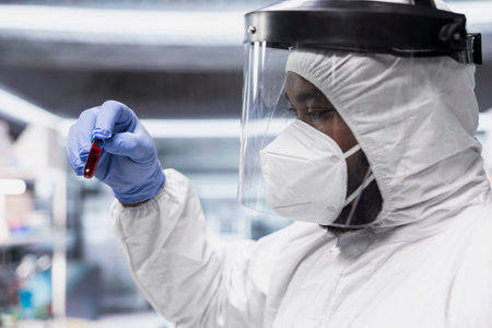 Black scientist in biocontainment lab conduct experiments on viral pathogens, treating a patient...