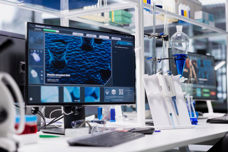 Computer monitor in biotechnology laboratory showing 3D molecular model visualization used for research. High tech bioengineering software on PC in medical lab displaying DNA dataの写真素材