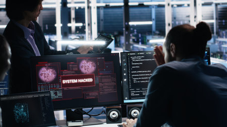Engineers in AI server hub alerted by hacking incident involving theft of sensitive data. Teamworking data center employees alarmed by computer virus triggered by security systems, camera Aの写真素材