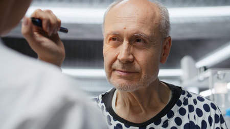 Doctor checking vitals for a patient during clinical trial and testing, using a light pen for research procedure. Gathering pharmacology data for innovative healthcare breakthrough. Camera A.の写真素材