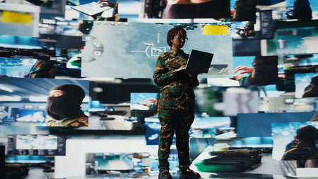 Soldier in command post providing combat support, projecting reconnaissance feeds on videowall with laptop. Intelligence agency specialist uses battlefield communication network on notebook, camera Aの写真素材