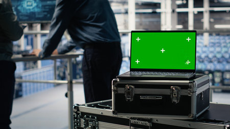 Close up of isolated screen laptop in front of data center programmers improving AI rigs processing speed. Server hub coworkers manage gear using chroma key device to support AI workloads, camera Bの写真素材