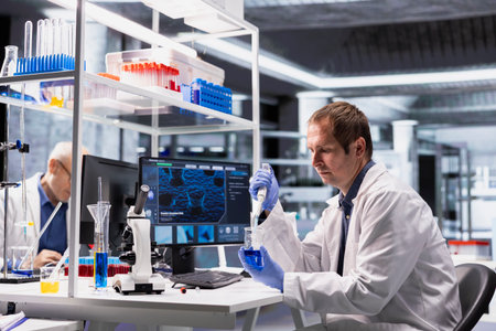 Professional male researcher conducts experiment with pipette and jar, extracting and mixing matter in laboratory workspace. Molecular analysis and biochemistry through scientific method.の写真素材