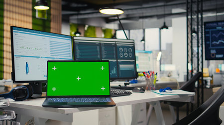 Empty professional office includes analytics tools and isolated display, supplies arranged for forecasting and business strategy to support modern development and operational efficiency.の写真素材