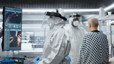Researcher in a medical laboratory monitoring a patient with viral disease symptoms, collecting diagnostic data and studying immune reactions to improve healthcare prevention strategies. Camera B.の写真素材
