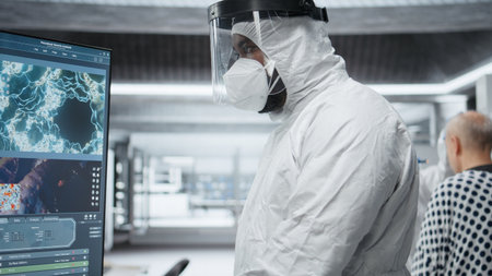 Scientist in hazmat suit checking DNA molecules of infected patient in a bioscience lab, analyzing pathology and virology data, testing immunology theories and developing vaccines. Camera B.の写真素材