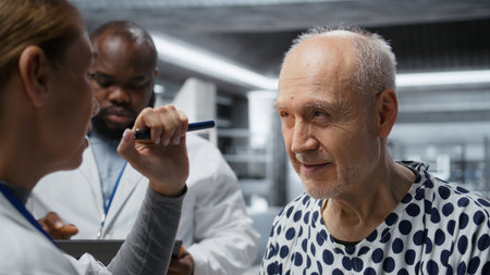 Woman medic using light pen to examine senior patient for clinical trial observation in a research institute, study patient reactions to new pills. Monitoring treatment effects. Camera A.の写真素材