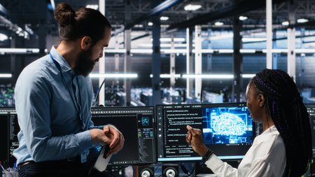 Data center engineering team members collaborating on neural network software development. Server...