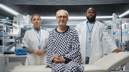 Portrait of diverse researchers and old man posing in modern laboratory, working together on a clinical trial and testing a new drug for breakthrough in healthcare prevention.の写真素材