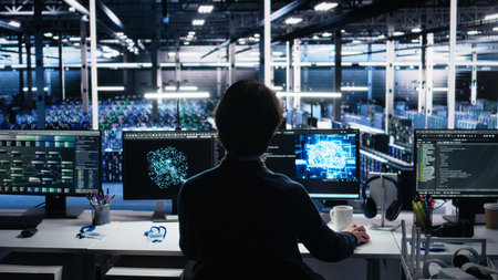 Engineer in server room using AI to review infrastructure diagnostics on devices. IT expert in data...