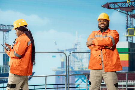 Portrait of smiling technician inspecting integrity of offshore platform components to avoid downtime. Jolly man on drilling rig deck using diagnostic tools to detect malfunction in subsea pipelinesの写真素材