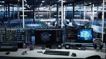 Data center PC screens monitoring backend hardware performance used in AI LLM model development and...
