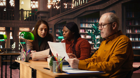 Mature team of performers rehearsing script dialogue together in a library, making drama play role...