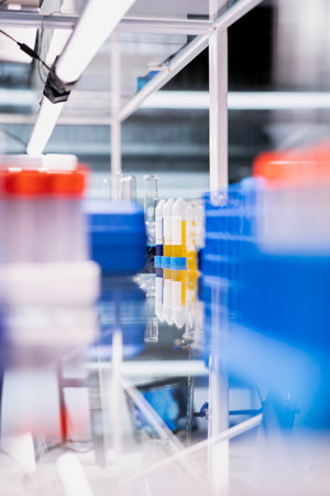 Close up of colorful samples in test tubes arranged on laboratory shelf rack. Focus on fluid specimen containers in empty clinical laboratory environment used for medical researchの写真素材