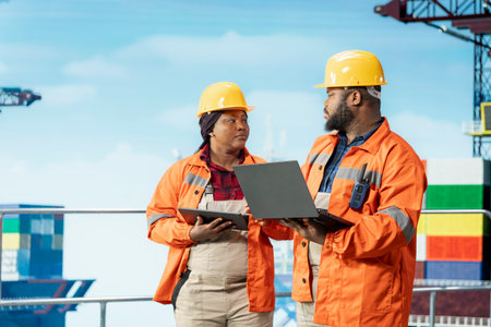 Offshore platform engineering team monitoring environmental impact with laptop, ensuring sustainable...