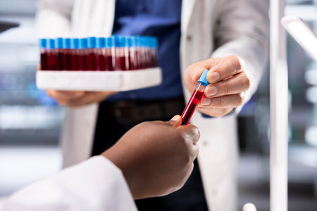 Close up of researchers collecting blood samples in flasks on tray, handling procedure with test tubes in laboratory. Team of experts conducting diagnostics and biology experiments.の写真素材
