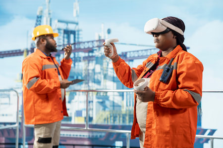 Offshore rig employee monitoring operations using VR headset equipment on oil platform deck. Barge engineer reviewing energy operations on drilling rig using virtual reality simulationの写真素材