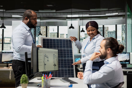 Team of researchers work together to design solar panel cells with reduced carbon footprint designs. Coworkers talking in office, developing robotic arm systems for clean energy solar panel productionの写真素材