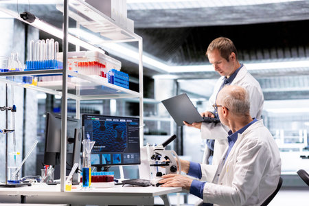 Scientists team investigate samples on laboratory tray under the microscope with lens system and magnifying glass for biotechnology breakthrough in healthcare and science. Microscopy.の写真素材