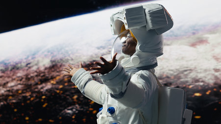 Ecstatic astronaut opening arms wide, excited to finish mission, approaching planet with space shuttle. Cosmonaut enjoying outer space experience, rotating 360 degrees, appreciating sights, camera Bの写真素材
