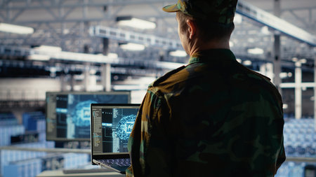 Army programmer in high tech server hub uses AI application on laptop to review reconnaissance information. Data center IT expert wearing military uniform uses AI on notebook to plan mission, camera Bの写真素材