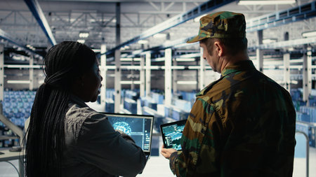 Army commander and software developer in data center integrating AI into radar systems for missile tracking. Soldier and female programmer in server hub analyzing aerial movement on laptop, camera Aの写真素材